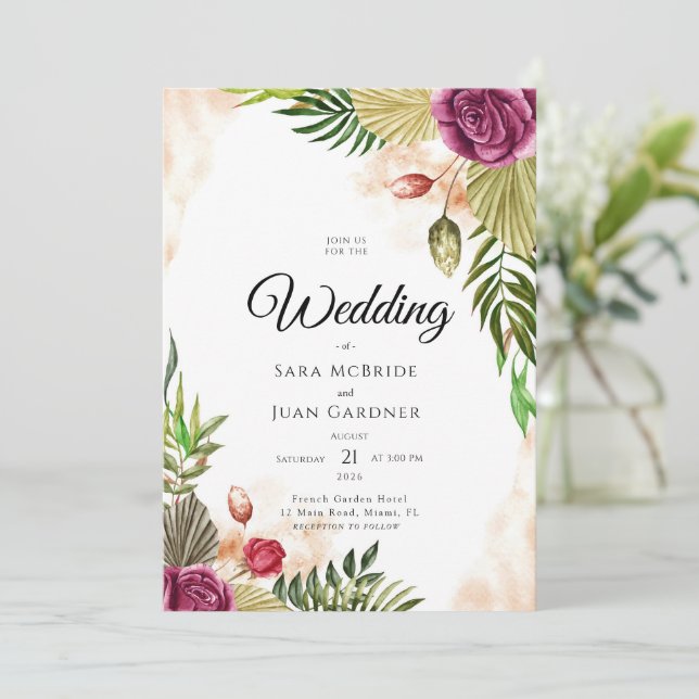 Boho Botanical Elegance Wedding Invitation Einladung (Stehend Vorderseite)