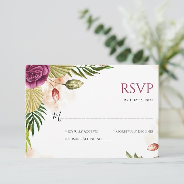 Boho Botanical Elegance Wedding RSVP Card Karte (Stehend Vorderseite)