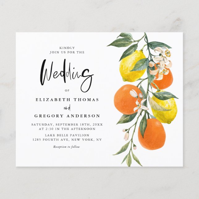 Boho Botanical Lemon und Orange Wedding Einladung (Vorderseite)