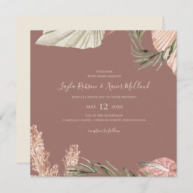 Boho Botanical | Simple Dusty Rose Square Wedding Einladung (Vorne/Hinten)