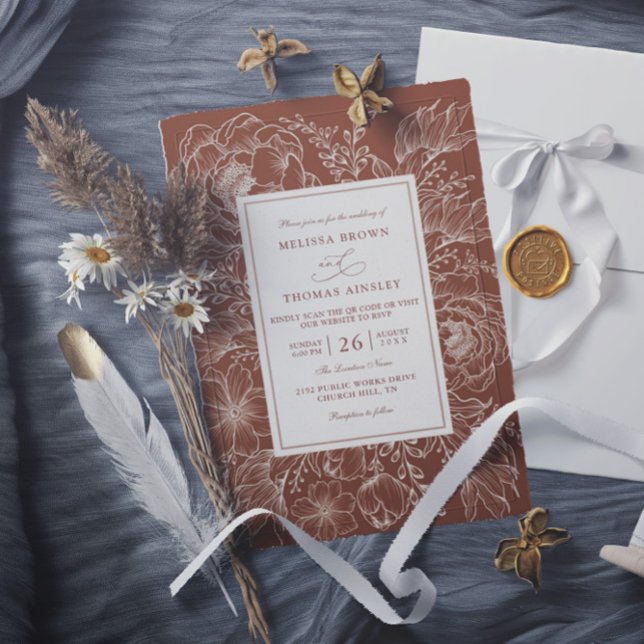 Boho Botanical Terracotta Budget QR Code Wedding Einladung (Von Creator hochgeladen)