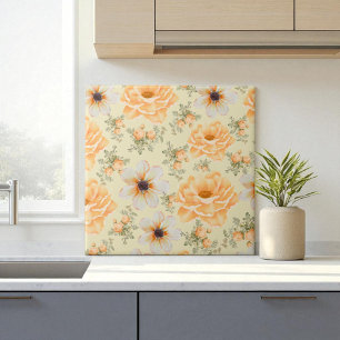 Boho-Botanical-Watercolor-Orange-Cream-Blumenmuste Fliese