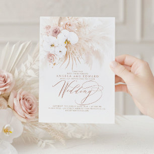 Boho Botanical White Orchids Pampas Grass Wedding Einladung
