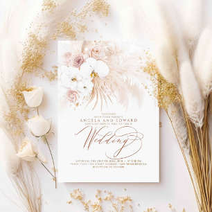 Boho Botanical White Orchids Pampas Grass Wedding Einladung