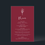 Boho Botanicals Burgundy Wedding Menu Card<br><div class="desc">Fügen Sie diese anpassbaren,  minimalistischen Menükarten mit Blumenmuster zum Tischdeck Ihres Events hinzu. Es verfügt über eine moderne Blumenstrauß-Linie mit Kalligraphie. Personalisieren Sie diese Boho-Menükarte,  indem Sie Namen,  Daten und Speisen hinzufügen. Diese bordeauxfarbene Karte eignet sich perfekt für Hochzeiten,  Babyduschen,  Brautpartys,  Geburtstage und vieles mehr.</div>