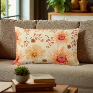 Boho-Botanik-Aquarell-Cream-Orangen-Blumenmuster Lendenkissen