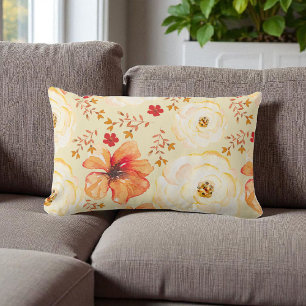 Boho-Botanik-Aquarell-Cream-Orangen-Blumenmuster Lendenkissen