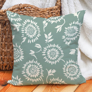 Boho-Botanik-Sagegrün-Creme-Sonnenblumen Kissen