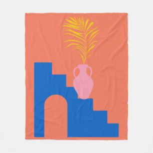 Boho botanische Formen in Orange und Blau Fleecedecke