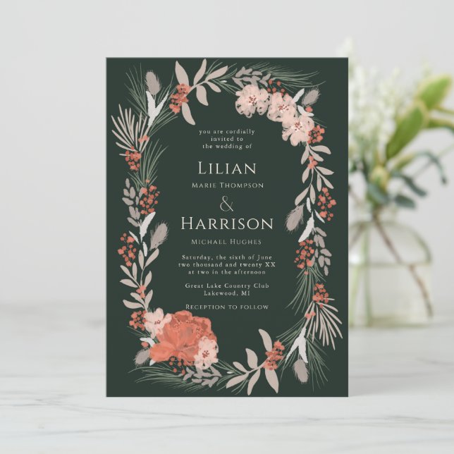 Boho botanische Kranzhütte und Einladung zur Hochz (Stehend Vorderseite)