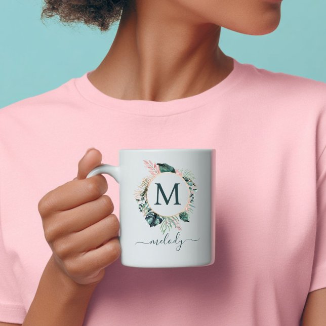 Boho Botanische Monogramm - Grün - Weiß Kaffeetasse (Boho Botanical Monogram - Green - White Coffee Mug
with your Initial and Name)