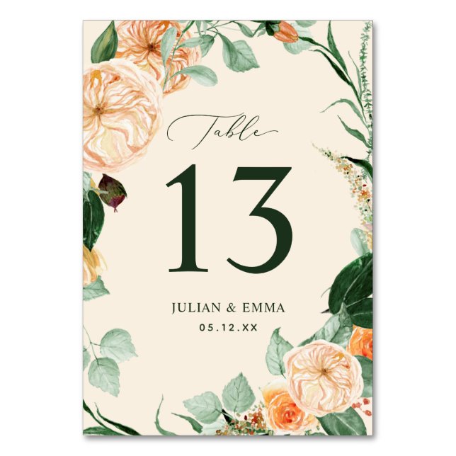 Boho Botanische Pastel Peach Greenery Bloral Custo Tischnummer (Vorderseite)