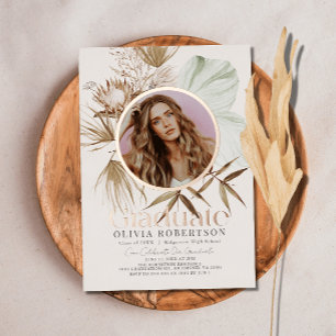 Boho Botanische Riviera Erdige Foto-Abschlussfeier Folieneinladung