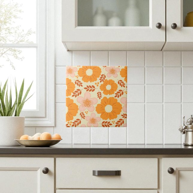 Boho Botanische Wasserfarbe Orange Floral Fliese (Von Creator hochgeladen)