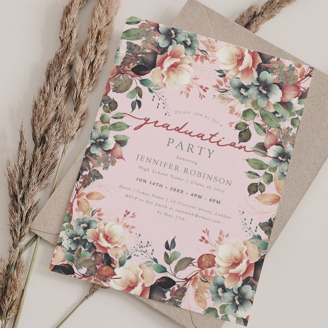 Boho Botanischer Garten Blumen Abschluss Rosa Einladung (Boho Botanical Garden Floral Graduation Blush Invitation)