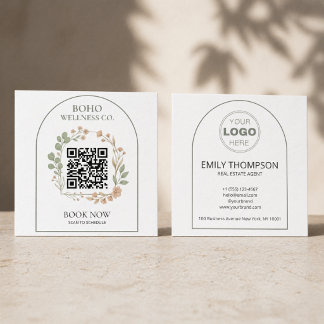 Boho Botanischer Gebogener QR-Code Quadrat Quadratische Visitenkarte