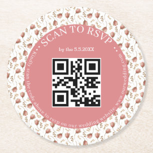 boho botanischer RSVP QR-Code Hochzeit stilvoll Runder Pappuntersetzer