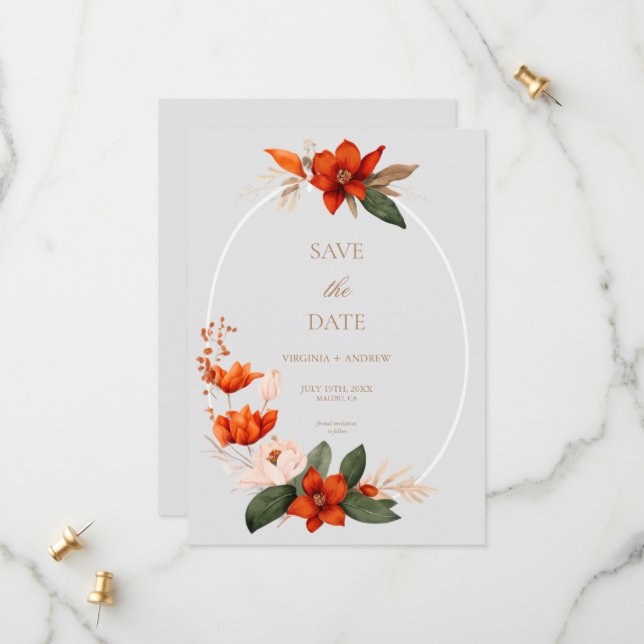 Boho Bouquet mit Feuerkuchen Save the Date (Vorderseite/Rückseite Beispiel)