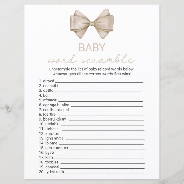 Boho Bow Baby Shower Game Card (Vorderseite)