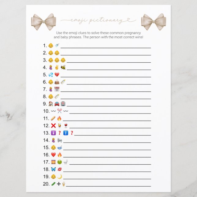 Boho Bow Emoji Baby Shower Game Card (Vorderseite)