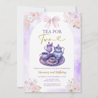 Boho Bow Purple Tea for two girl Birthday flowers Einladung