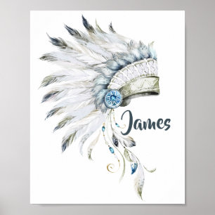 Boho Boy Feather Headdress Kinderzimmer Art Poster