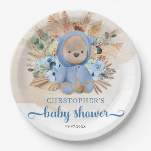 Boho Boy Teddy Bär Pampas Gras blaue Babydusche Pappteller