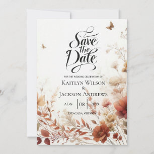 Boho-Braun mit Schmetterlingen Florale Hochzeit Save The Date