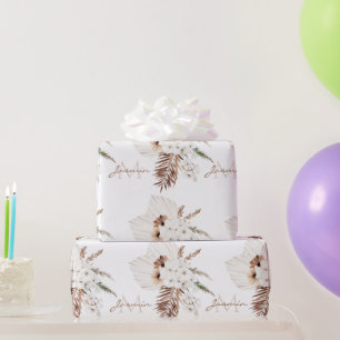 Boho Braune Pampasgras Weiße Orchideen Monogramm Geschenkpapier