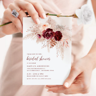 Boho-Brautjungfernparty Burgunder Pampasgras Rosen Einladung