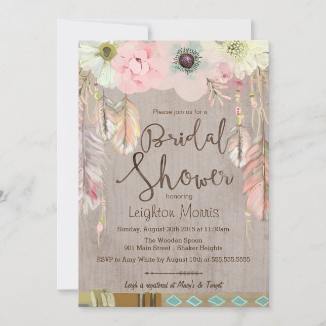 Boho Brautparty Invite, Tribal Feather Rustikal Einladung (Vorderseite)