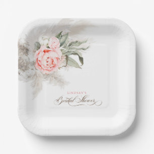 Boho-Brautparty mit rosa Blumen und Pampasgras Pappteller