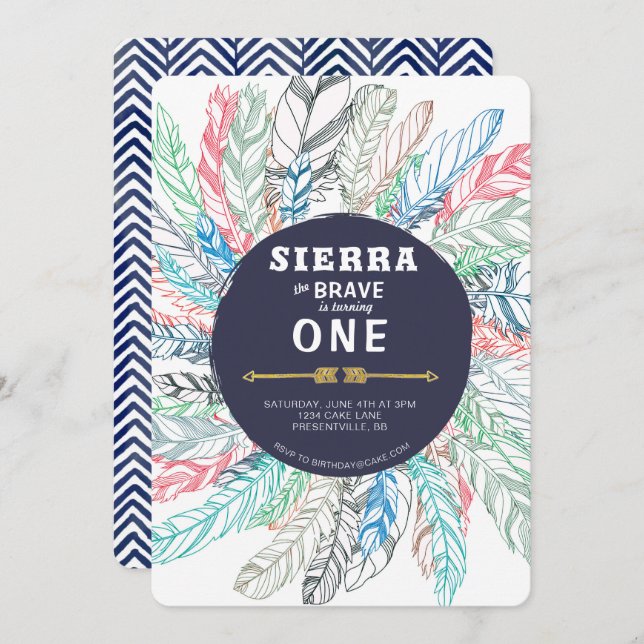Boho Brave Feder Geburtstagseinladung Einladung (Vorne/Hinten)