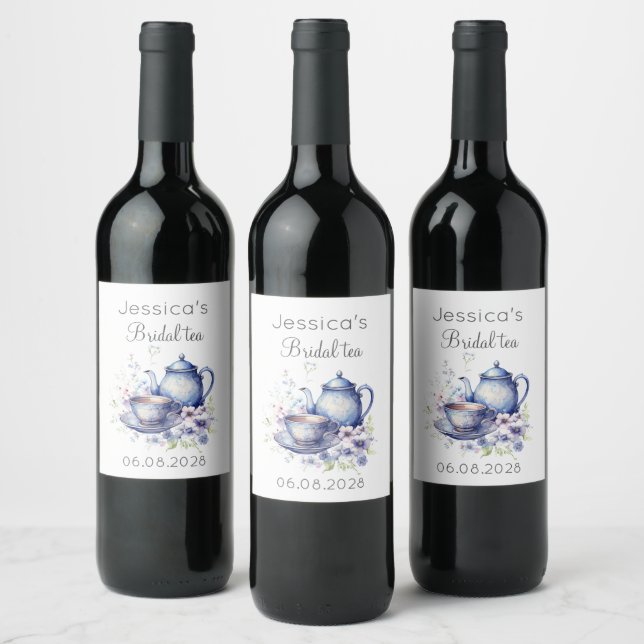 Boho Bridal Tea Blue Floral Vintages Brautparty Weinetikett (Flaschen)