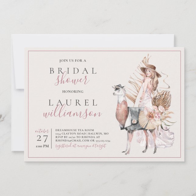 Boho Bride und Formal Llama Brautparty Einladung (Vorderseite)