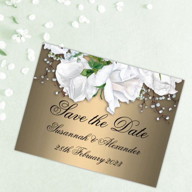 Boho Bronze und White Roses Save the Date Hochzeit Ankündigungspostkarte (Von Creator hochgeladen)