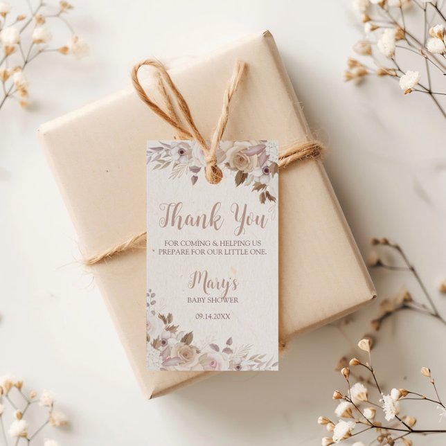 Boho Brown Beige Floral Baby Dusche Geschenkanhänger (Von Creator hochgeladen)