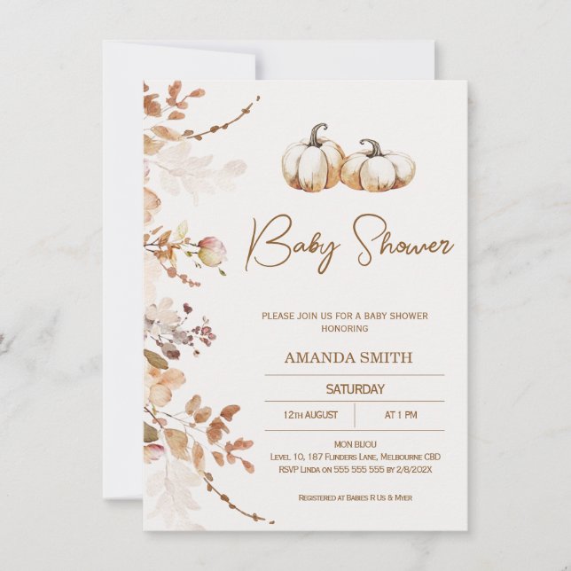 Boho Brown Beige Pumpkin Baby Shower Einladung (Vorderseite)