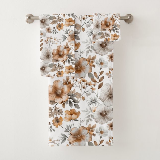 Boho Brown Beige Tan Gray Floral Botanisch neutral Badhandtuch Set (Insitu)