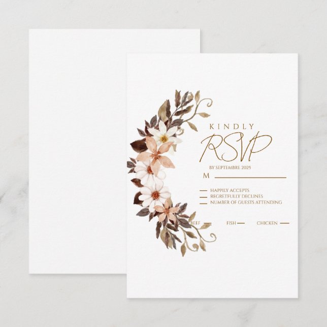 Boho Brown Floral  RSVP Karte (Vorne/Hinten)