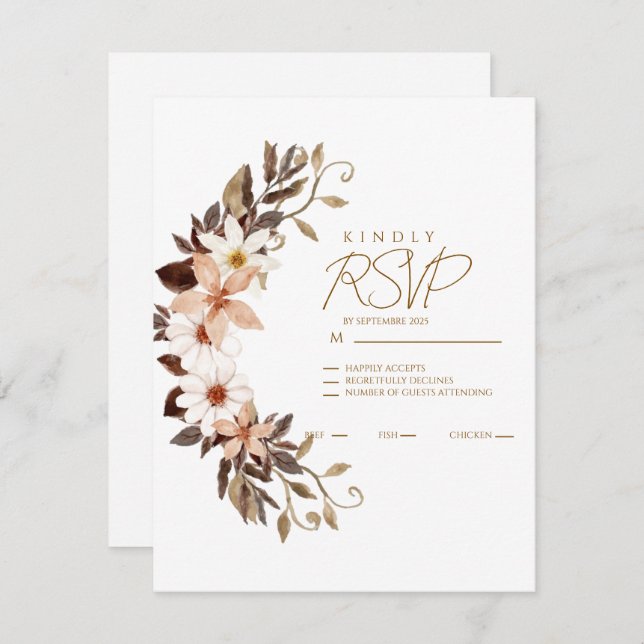 Boho Brown Floral  RSVP Karte (Vorne/Hinten)