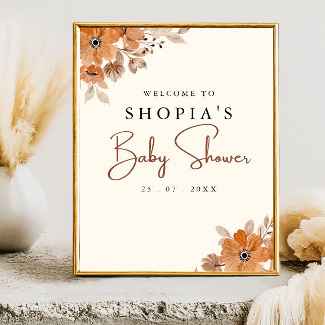 Boho Brown Flowers Baby Shower  Poster (Von Creator hochgeladen)
