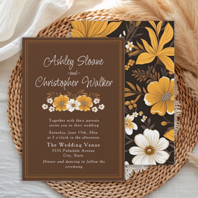 Boho Brown Gold Floral Autumn Wedding Einladung (Brown and yellow floral wedding invitation)