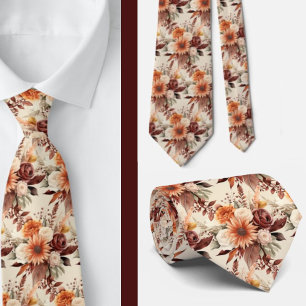 Boho Brown Gold Floral Watercolor Blume Hochzeit Krawatte