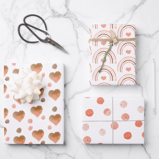 Boho Brown, Mauve, Pink Hearts und Polka Dots Geschenkpapier Set (Vorderseite)