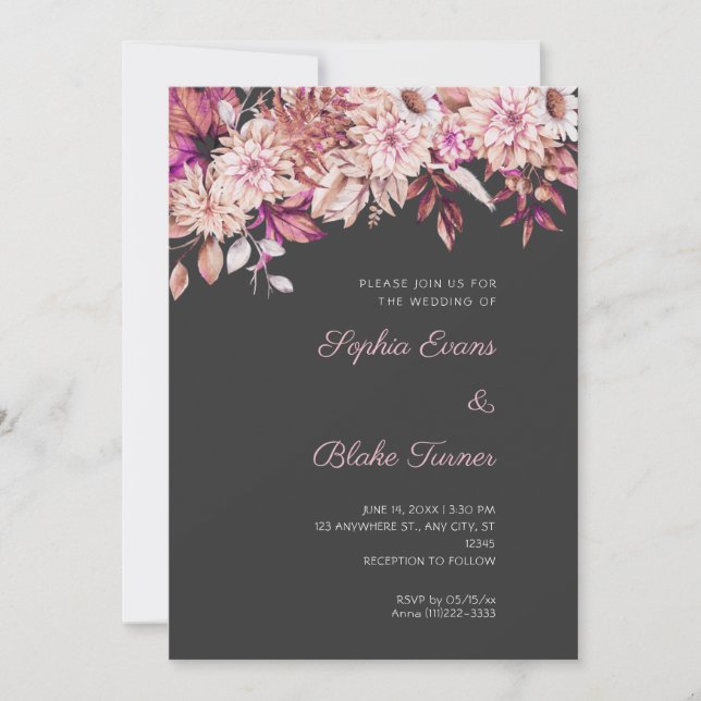 Boho Brown Pink Floral Winter Pebble Gray Wedding Einladung (Vorderseite)
