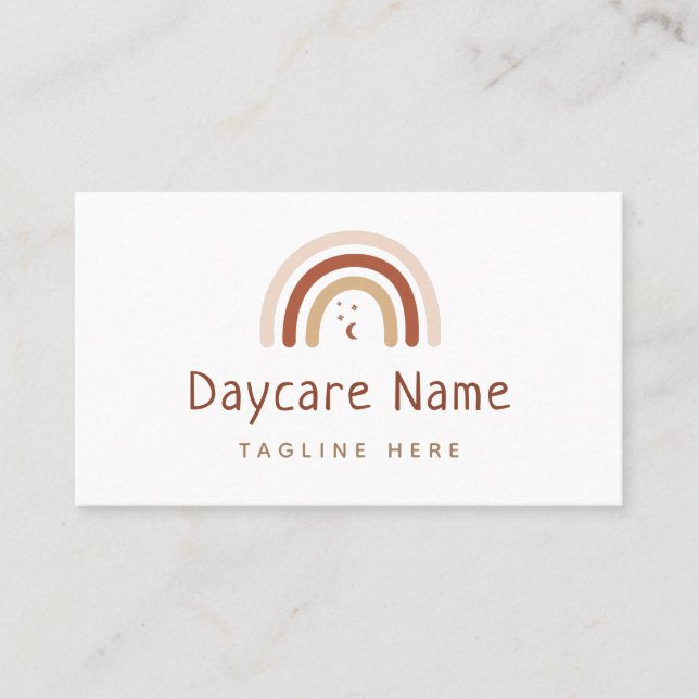 Boho Brown Rainbow Moon Stars Kinderbetreuung Visitenkarte (Vorderseite)