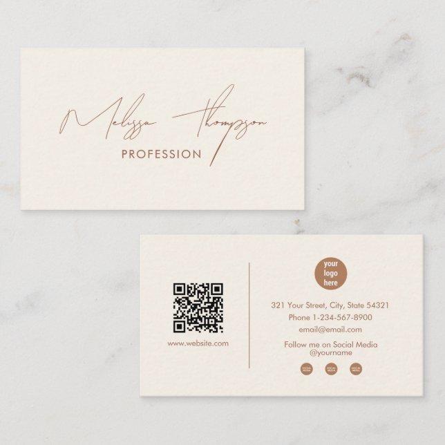 Boho Brown Signature Schrift Professional QR Code  Visitenkarte (Vorne/Hinten)