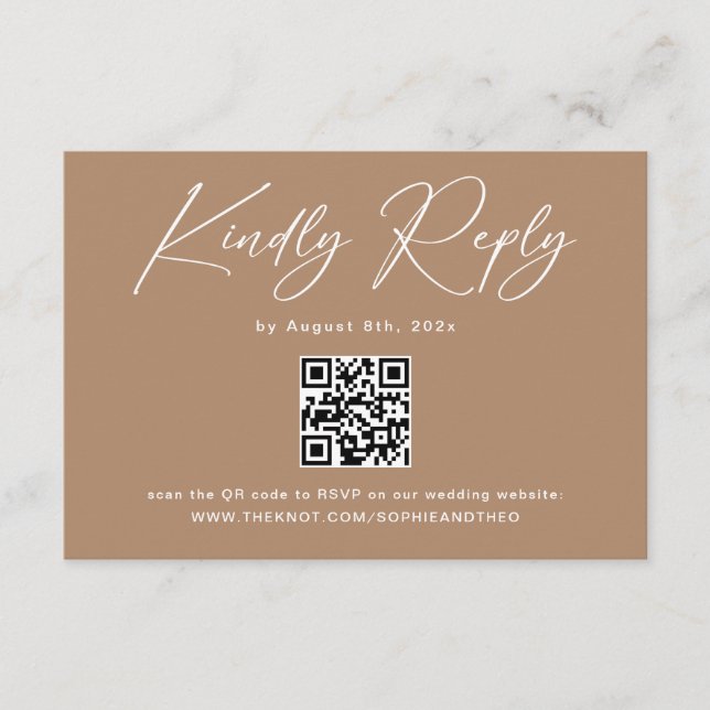 Boho Brown Taupe Wedding RSVP QR Code Begleitkarte (Vorderseite)