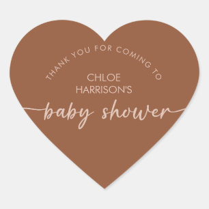 Boho Brown Terracotta Beige Script Baby Dusche Herz-Aufkleber